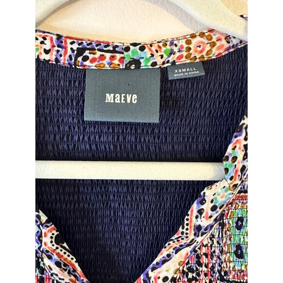 Maeve Anthropologie Smocked V-Neck Floral Tiled Long Sleeve Boho Dress Size XS - Picture 5 of 9